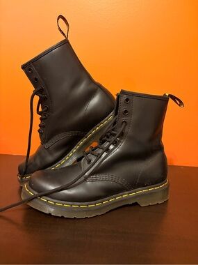 Dr. Martens Black Leather Lace-Up Boots with Yellow Stitching